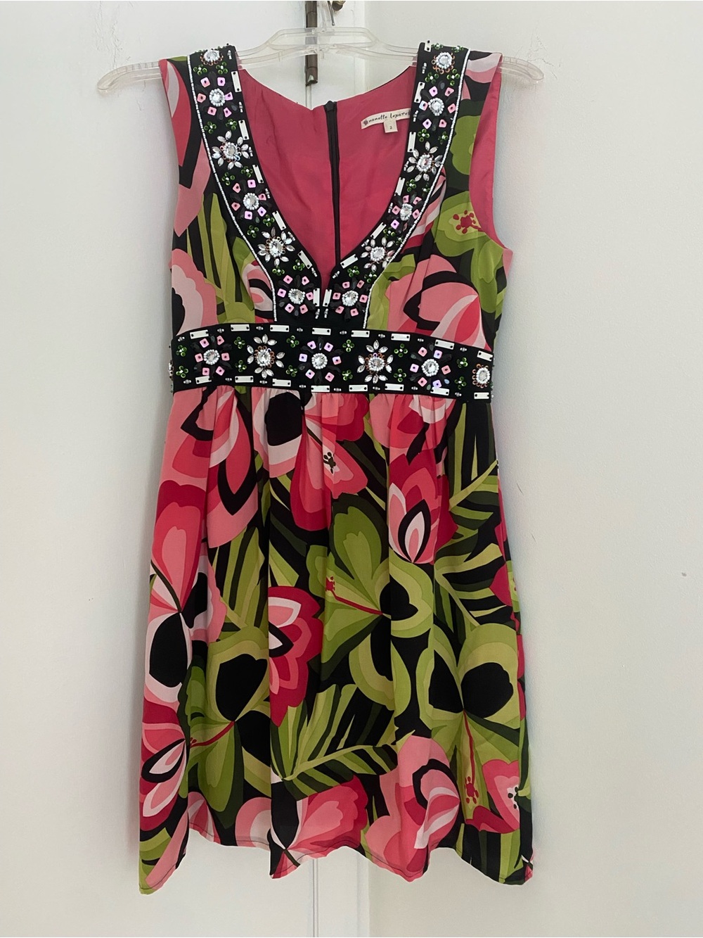 Y2K Silk Nanette Lepore Beaded Floral Mini Dress Pink Green Tropical Maximalist
